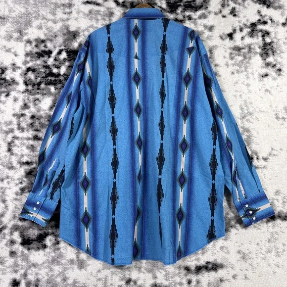 VTG Wrangler Pearl Snap Shirt Mens Size XXL Blue Geometric Rodeo Western Cowboy